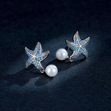 925 Silver Starfish & Pearl Stud Earrings Women's Jewelry BSE405