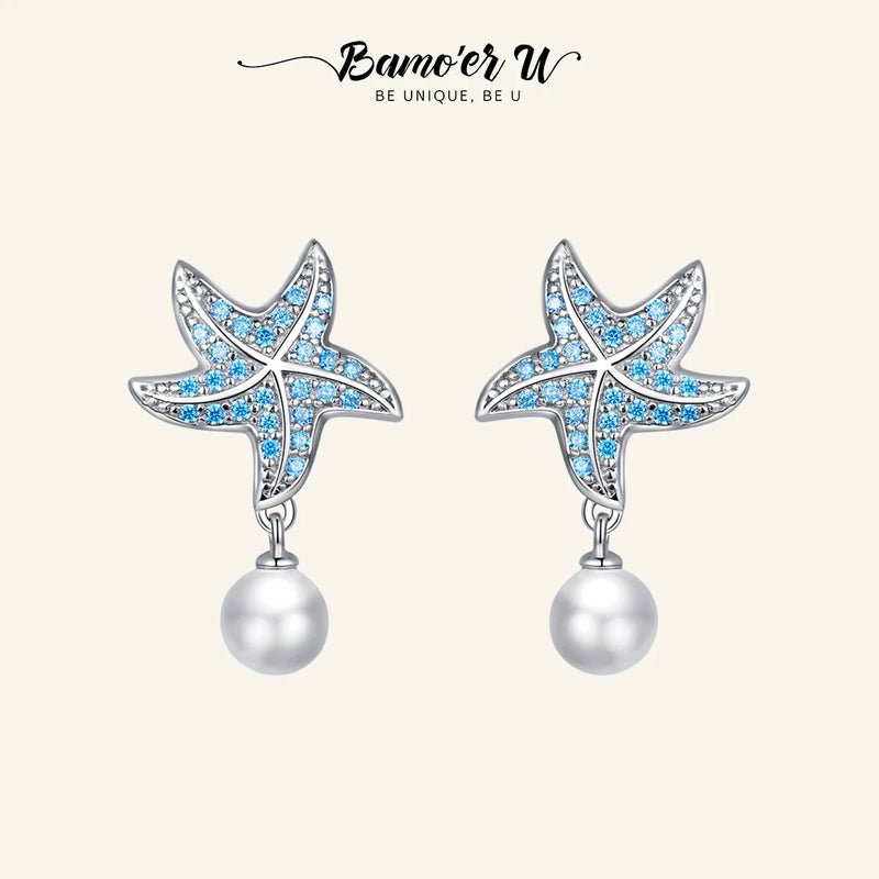 925 Silver Starfish & Pearl Stud Earrings Women's Jewelry BSE405