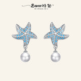 925 Silver Starfish & Pearl Stud Earrings Women's Jewelry BSE405
