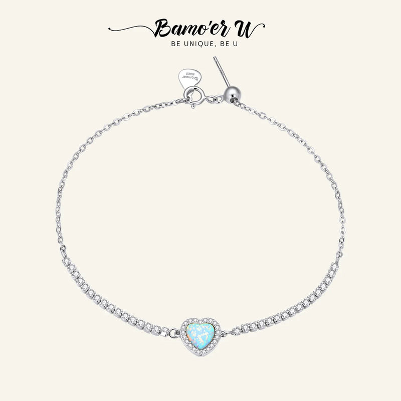 925 Silver Opal Heart Pendant Bracelet