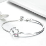 925 Silver Heart Pink CZ Chain Bangle Bracelet Women Jewelry