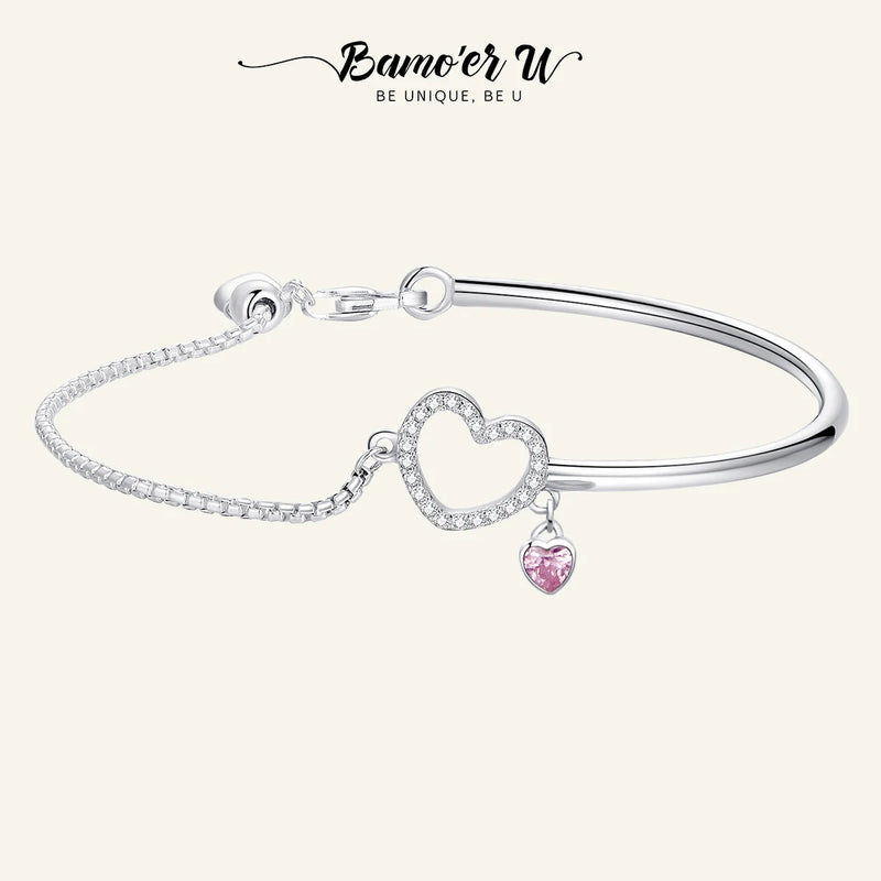 925 Silver Heart Pink CZ Chain Bangle Bracelet Women Jewelry