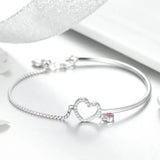 925 Silver Heart Pink CZ Chain Bangle Bracelet Women Jewelry