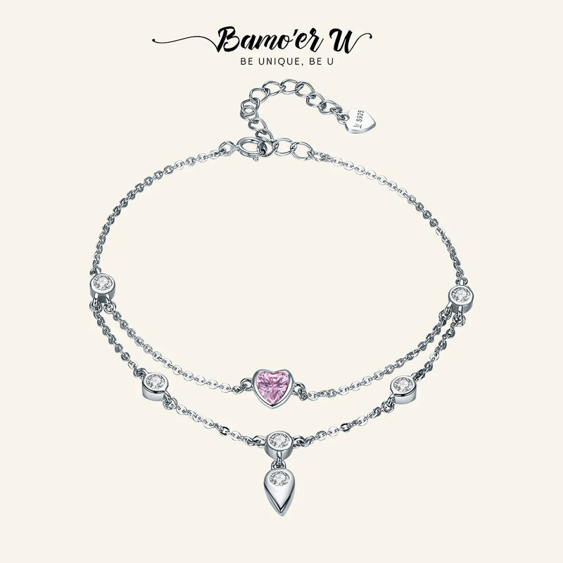 925 Silver Sweet Heart Pink CZ Double Layers Bracelets for Women SCB090