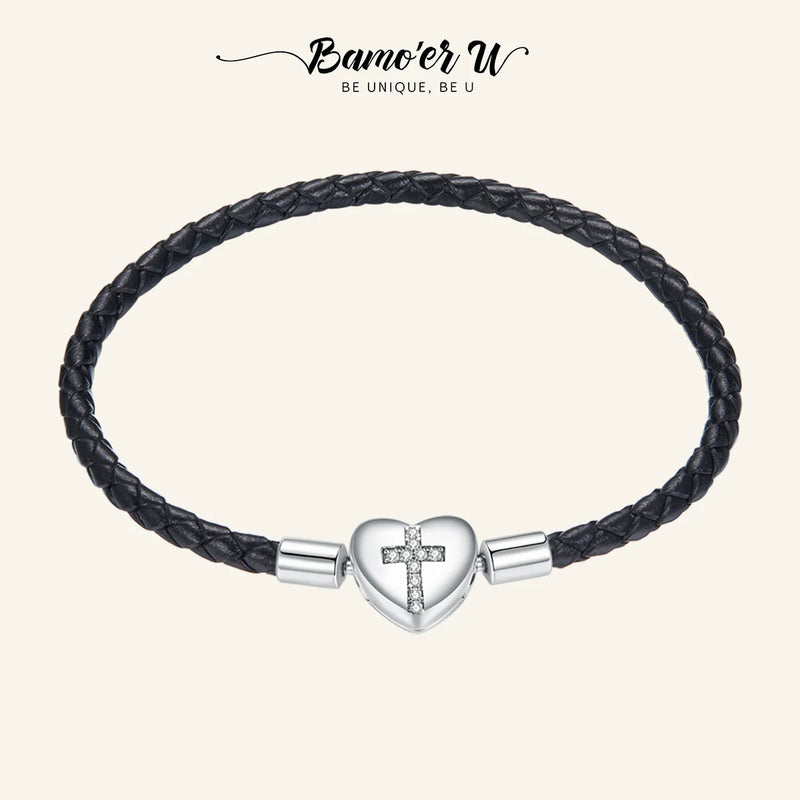 925 Silver Cross Bracelet Leather Chain for Women Gift SCB205