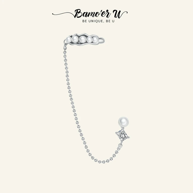 925 Silver Natural Fresh Pearl Chain Ear Clip for Women Earrings