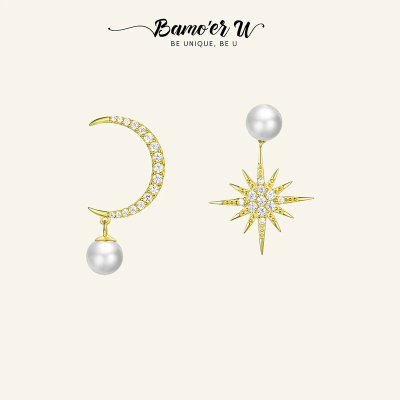 925 Silver Freshwater Pearl Moon Star Stud Earrings