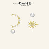 925 Silver Freshwater Pearl Moon Star Stud Earrings