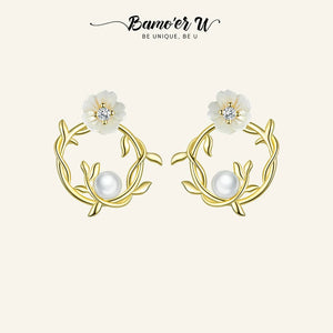 U Wedding Flower 18K Pearl Earrings 925 Silver Zircon Studs