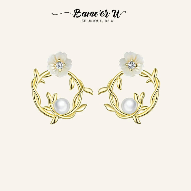 U Wedding Flower 18K Pearl Earrings 925 Silver Zircon Studs