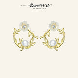 U Wedding Flower 18K Pearl Earrings 925 Silver Zircon Studs