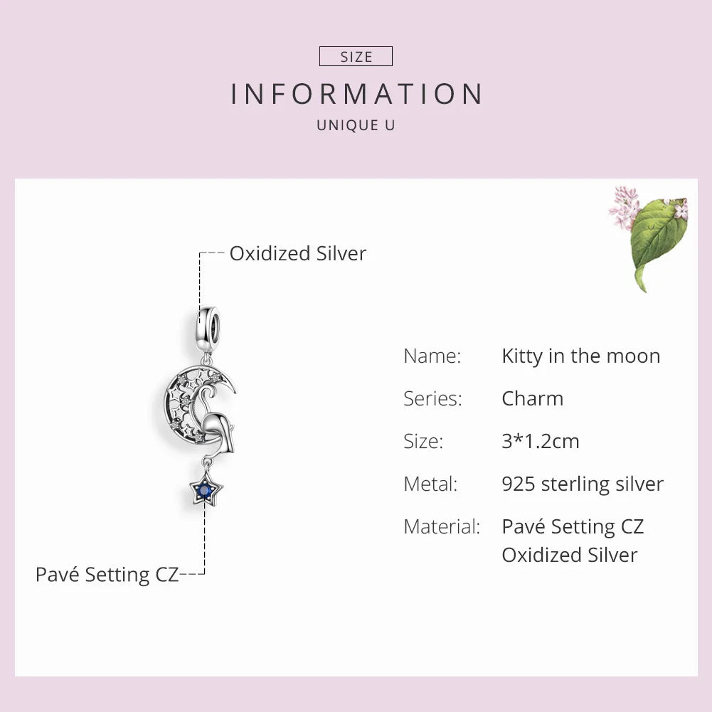 Vintage Moon & Star Cat Charm for Bracelet Necklace 925 Sterling Silver
