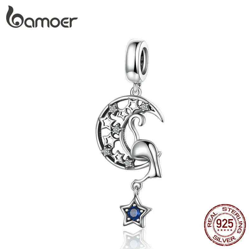 Vintage Moon & Star Cat Charm for Bracelet Necklace 925 Sterling Silver