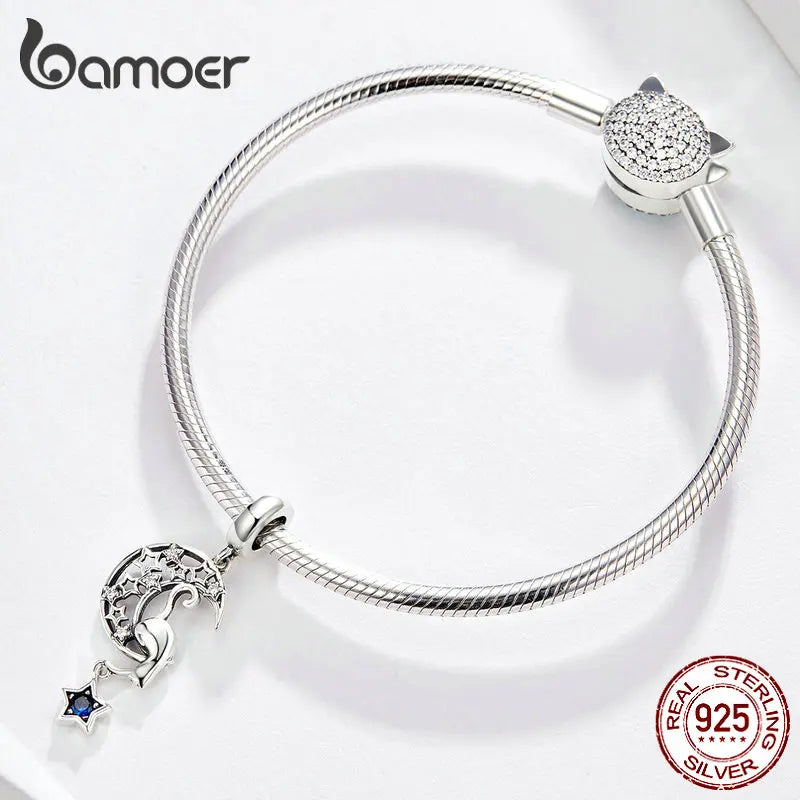 Vintage Moon & Star Cat Charm for Bracelet Necklace 925 Sterling Silver