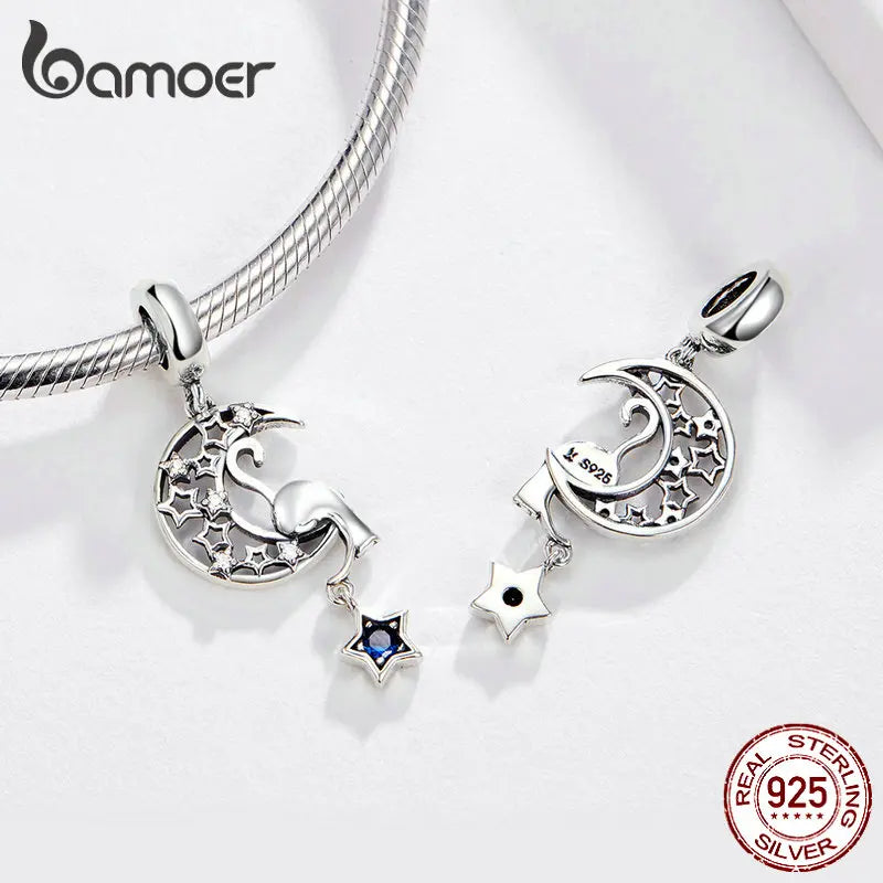 Vintage Moon & Star Cat Charm for Bracelet Necklace 925 Sterling Silver