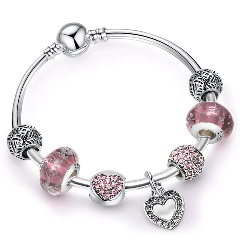 Vintage Silver Plated Love Heart Charm Bracelets Crystal Beads Fine Jewelry