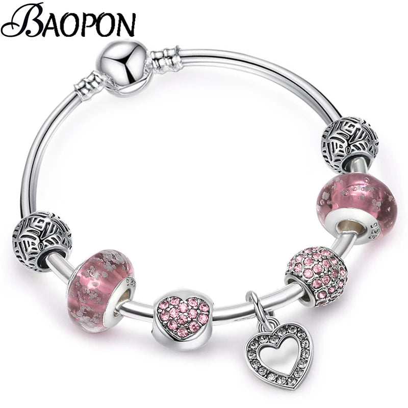 Vintage Silver Plated Love Heart Charm Bracelets Crystal Beads Fine Jewelry
