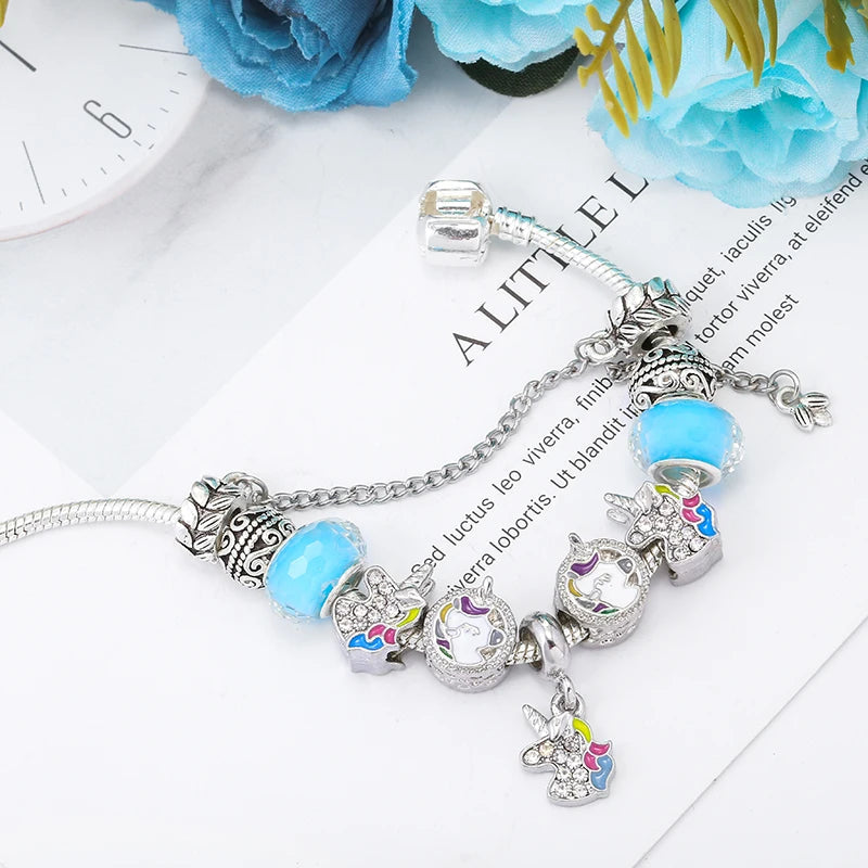 Unicorn Charm Bracelet Silver Cartoon Beads Fine Bracelets & Bangles