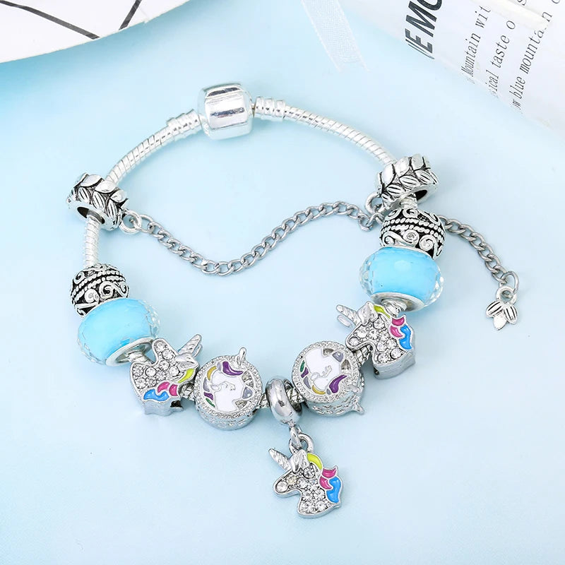 Unicorn Charm Bracelet Silver Cartoon Beads Fine Bracelets & Bangles