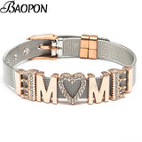 MOM Stainless Steel Mesh Bracelets For Women Mother Heart Lock Crown Charms