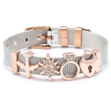 MOM Stainless Steel Mesh Bracelets For Women Mother Heart Lock Crown Charms
