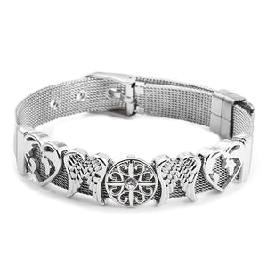 Stainless Steel Mesh Bracelets With Crystal Feather & Heart Charm Set