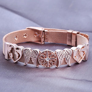 Stainless Steel Mesh Bracelets With Crystal Feather & Heart Charm Set
