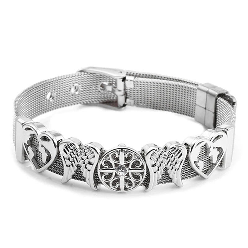 Stainless Steel Mesh Bracelets With Crystal Feather & Heart Charm Set