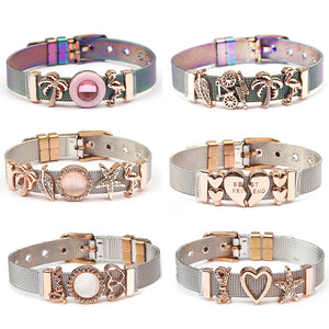 Colorful Stainless Steel Mesh Bracelet with Slide Charms