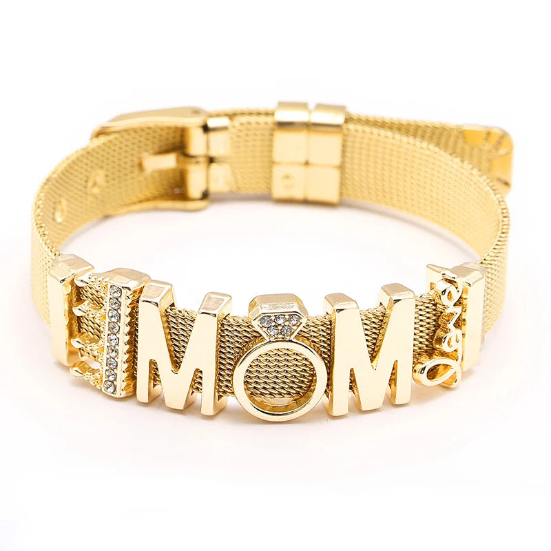 LOVE MOM Bracelet Set with Charms Beads Stainless Steel Bangles