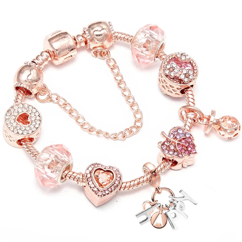 Rose HAPPY Pendant Charm Bracelet Silver Plated Crystal Jewelry