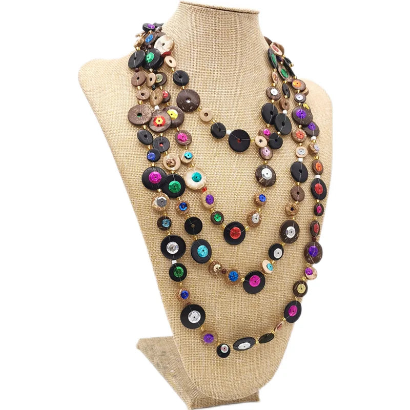 Women's Ethnic Pendant Necklace Wood Bead Long Chain Layered Gothic Jewelry