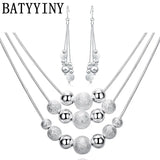 Women's 925 Sterling Silver Frosted Beads Pendant Necklace Earrings Set