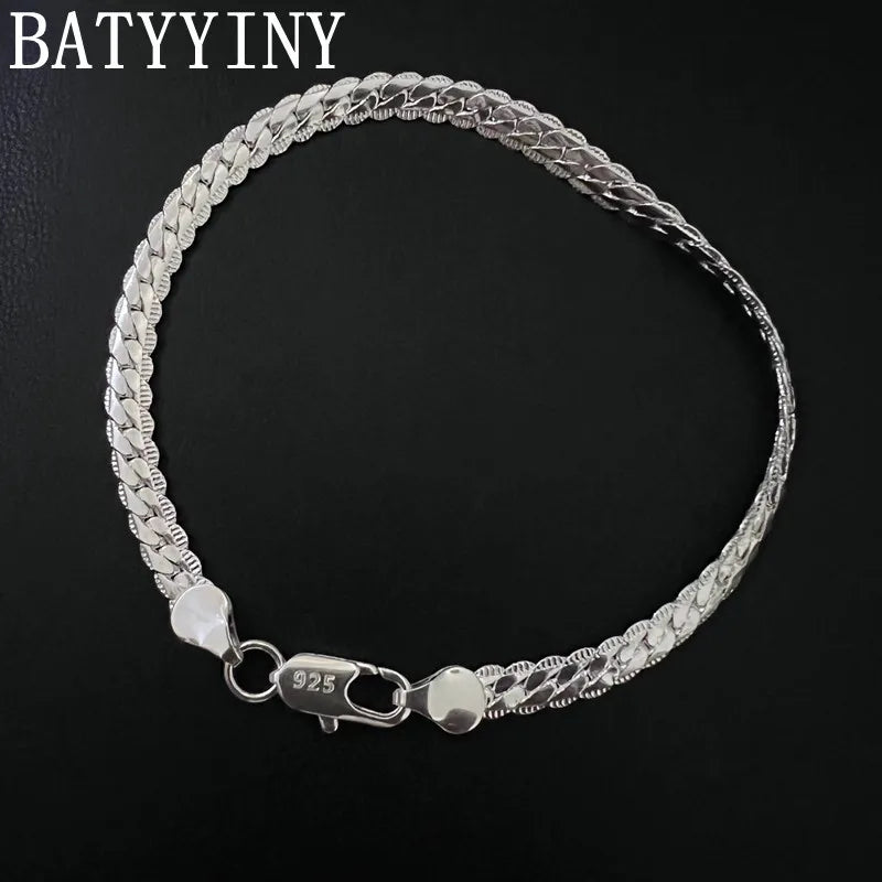 925 Silver Bracelet 6mm Flat Side Chain Lobster Clasp For Man & Woman