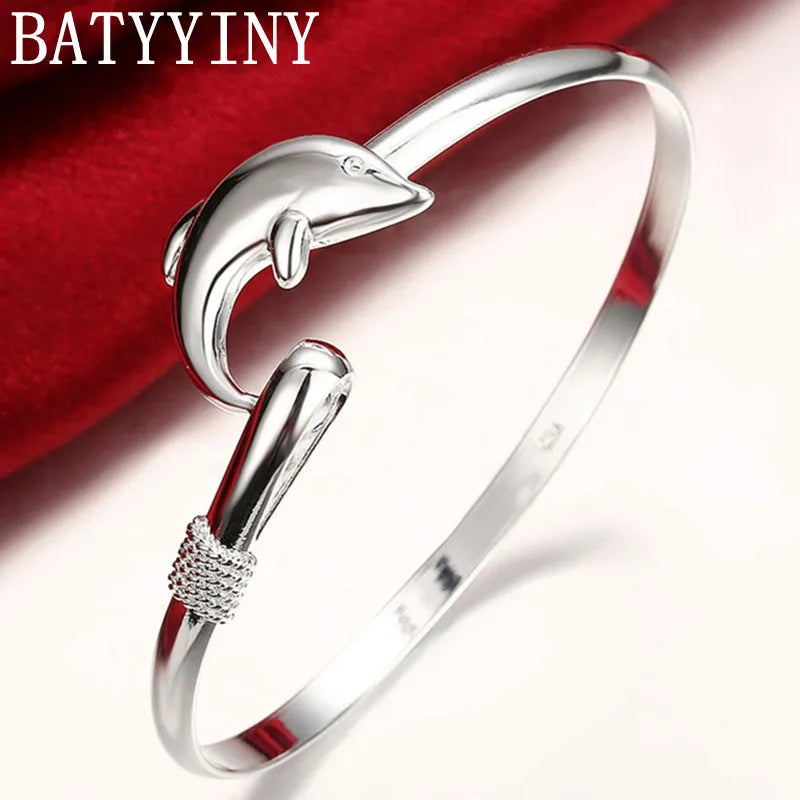 925 Silver Dolphin Bangle Bracelet Women Wedding Engagement Charm Party Jewelry