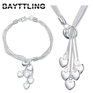 925 Silver Heart Pendant Bracelet Necklace Set