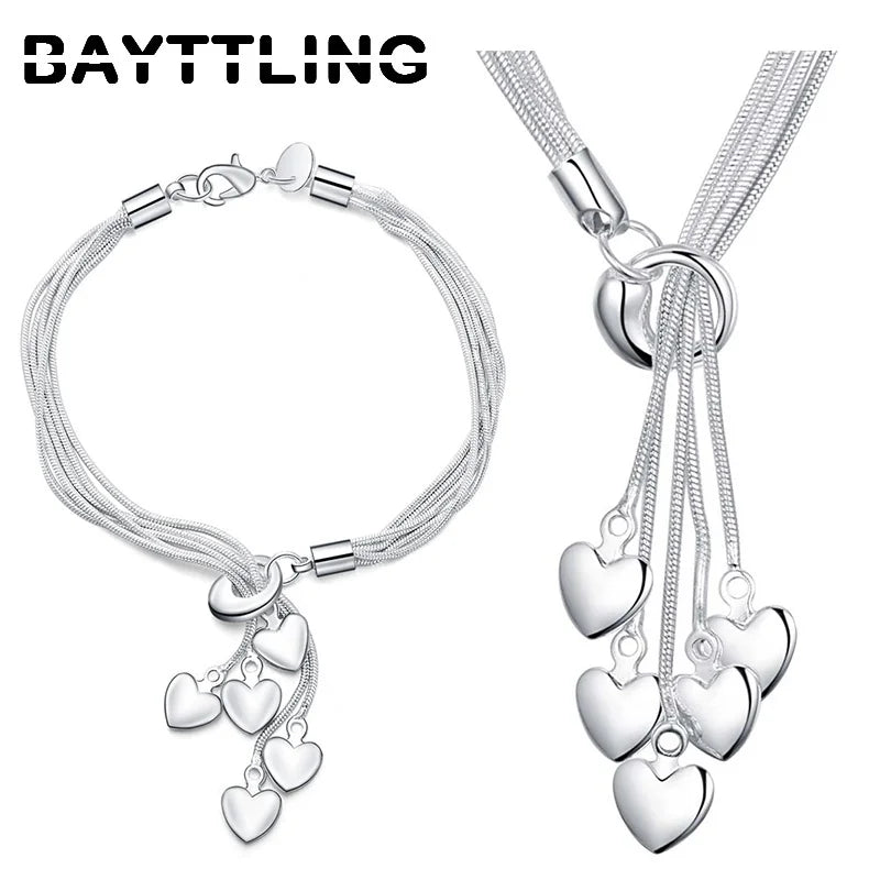 925 Silver Heart Pendant Bracelet Necklace Set