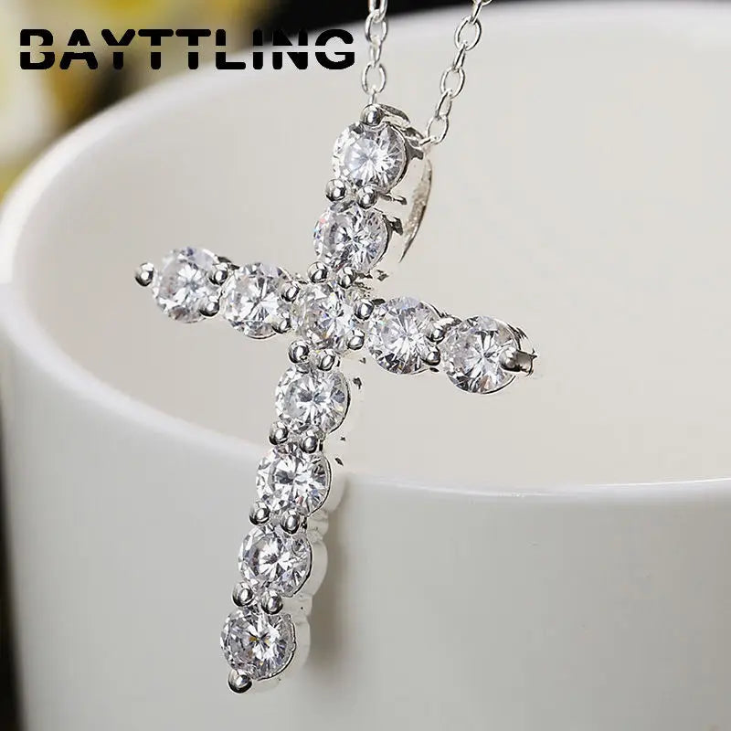 925 Silver Zircon Cross Necklace Women's Charm Engagement Party Gift