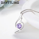 925 Silver 18 Purple/Silver Zircon Heart Necklace Women Charm Gift Jewelry