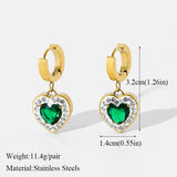 Stainless Steel Heart Crystal Earrings, Green Zircon, Women Girl Jewelry
