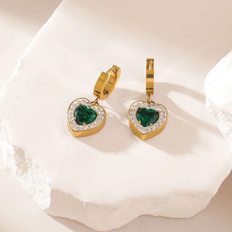 Stainless Steel Heart Crystal Earrings, Green Zircon, Women Girl Jewelry