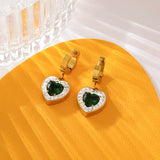 Stainless Steel Heart Crystal Earrings, Green Zircon, Women Girl Jewelry
