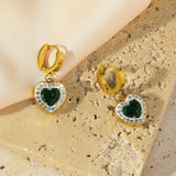 Stainless Steel Heart Crystal Earrings, Green Zircon, Women Girl Jewelry