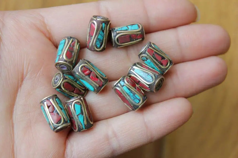 Nepalese Brass Colorful Stone Cylinder Beads Diy Jewelry Spacers 10 pcs Lot