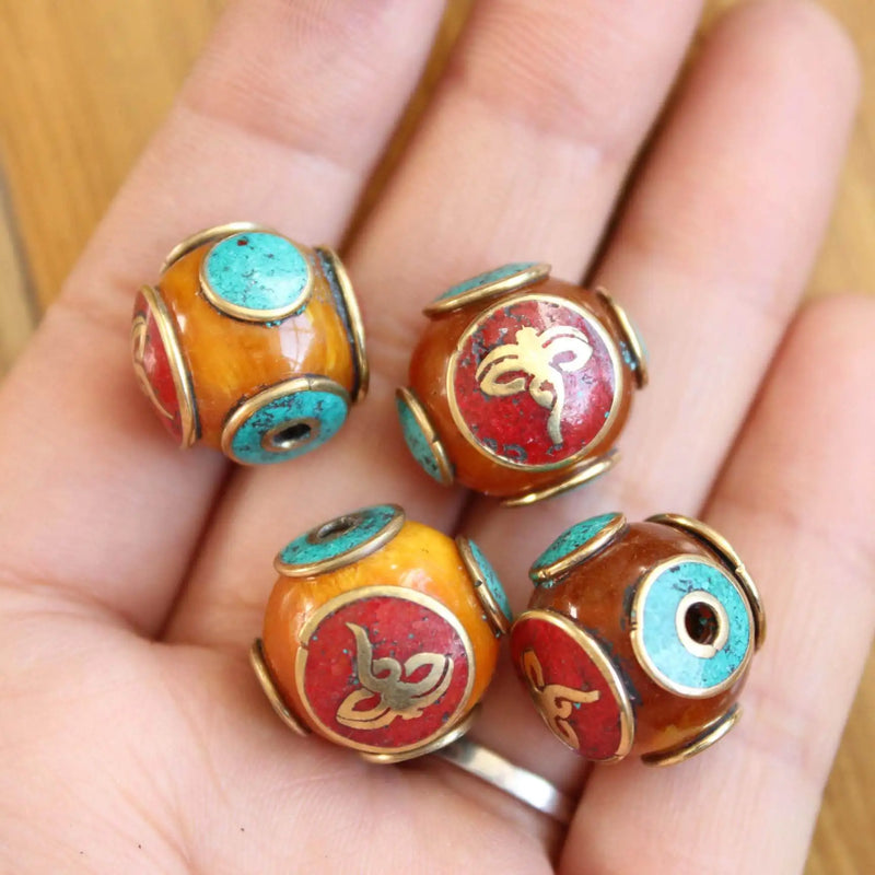 Tibetan Brass Resin 16mm Round Beads Buddha Eye Colorful DIY Loose Beads 4 PCS