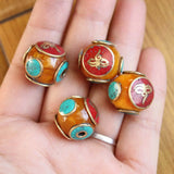 Tibetan Brass Resin 16mm Round Beads Buddha Eye Colorful DIY Loose Beads 4 PCS