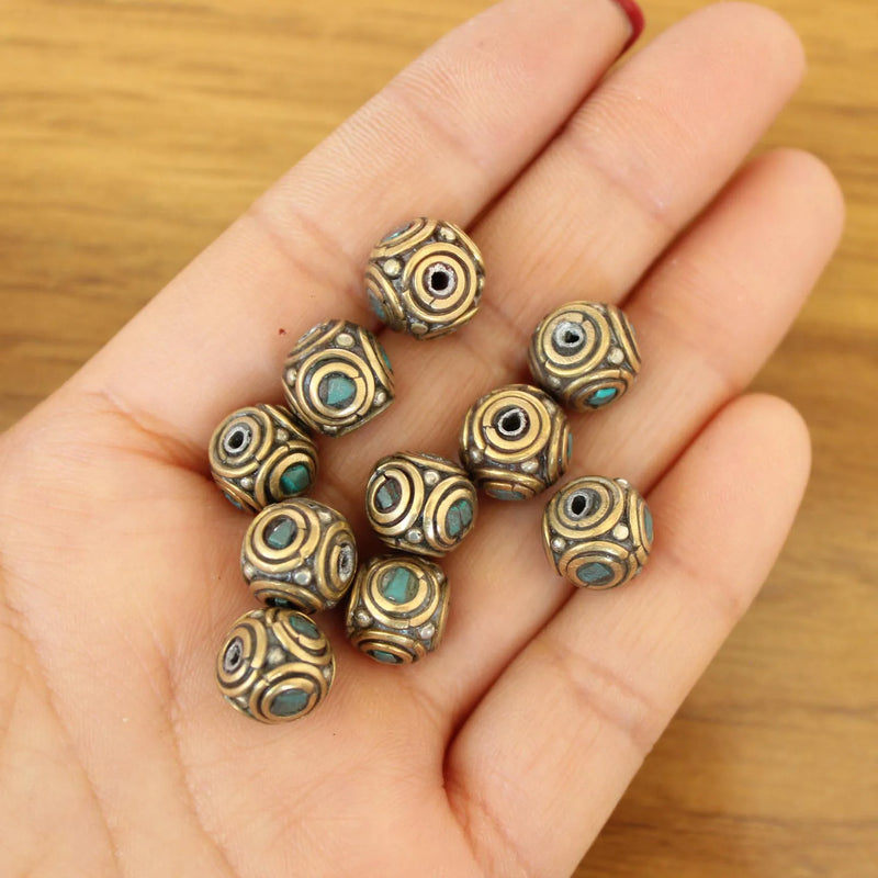Nepal Brass Inlaid Turquoises Stone 10mm Square Beads Spacers 10 PCS