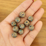 Nepal Brass Inlaid Turquoises Stone 10mm Square Beads Spacers 10 PCS