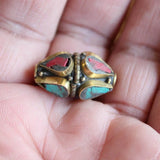Nepal Brass Metal Beads Inlaid Stone Shuttle Loose Beads 4 PCS