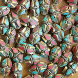 Nepal Brass Metal Beads Inlaid Stone Shuttle Loose Beads 4 PCS